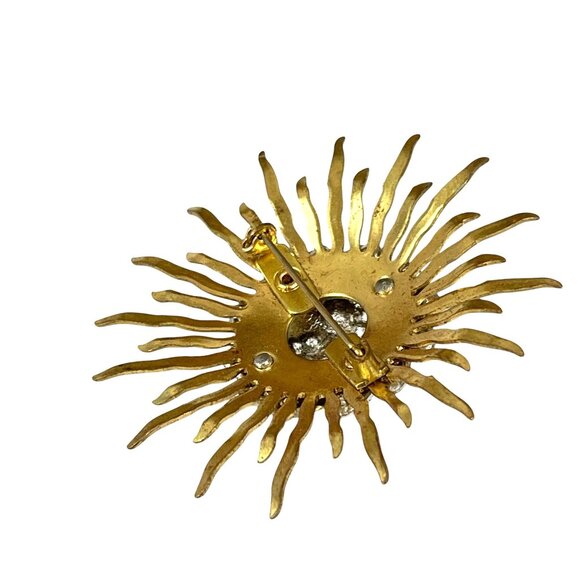 Vintage Gold Tone Sunburst Rhinestone Brooch Pin Retro - Picture 7 of 7